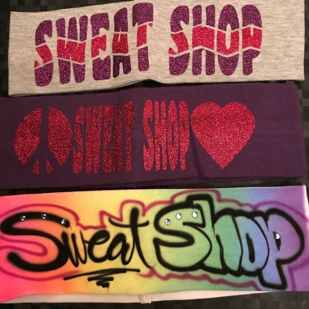 3 custom sweatshop headbands CAMP